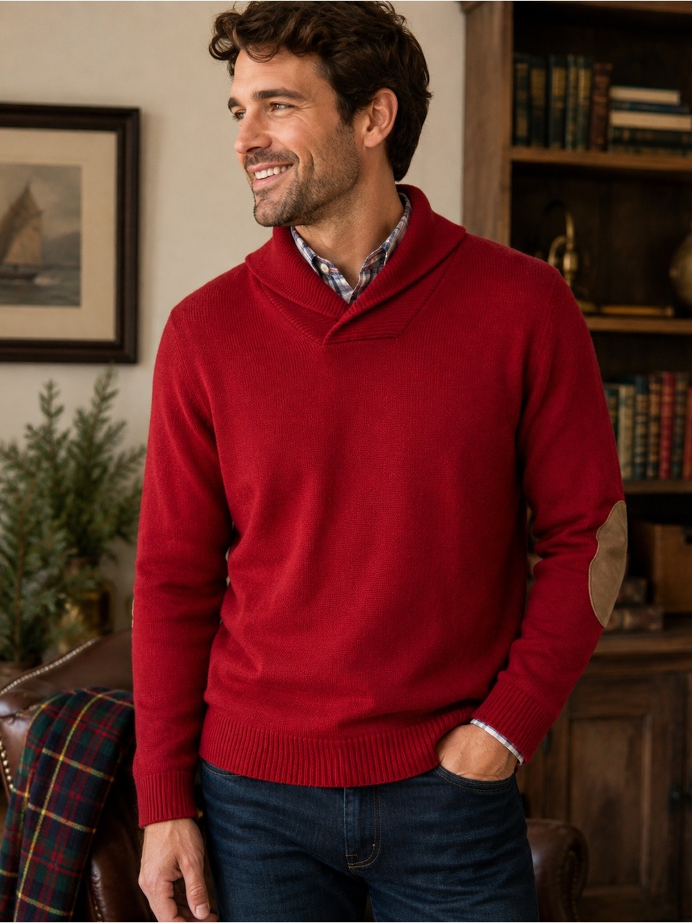Chaps Men’s Small Red Shawl Collar Sweater Cotton Elbow Patch Preppy - Picture 1 of 8